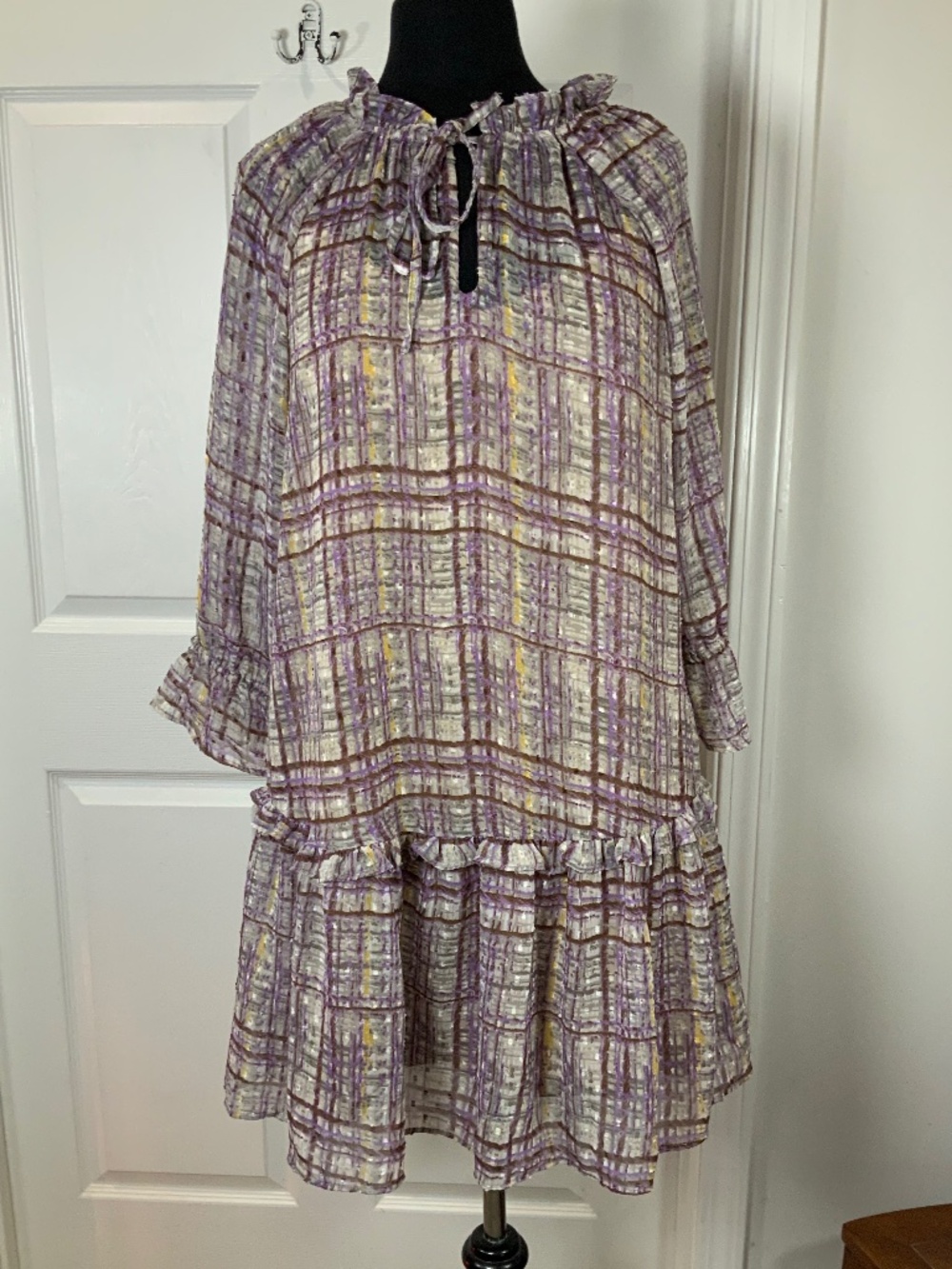 Cato Plaid Ruffle Tiered Babydoll Tunic Dress Peasant Boho Size Medium